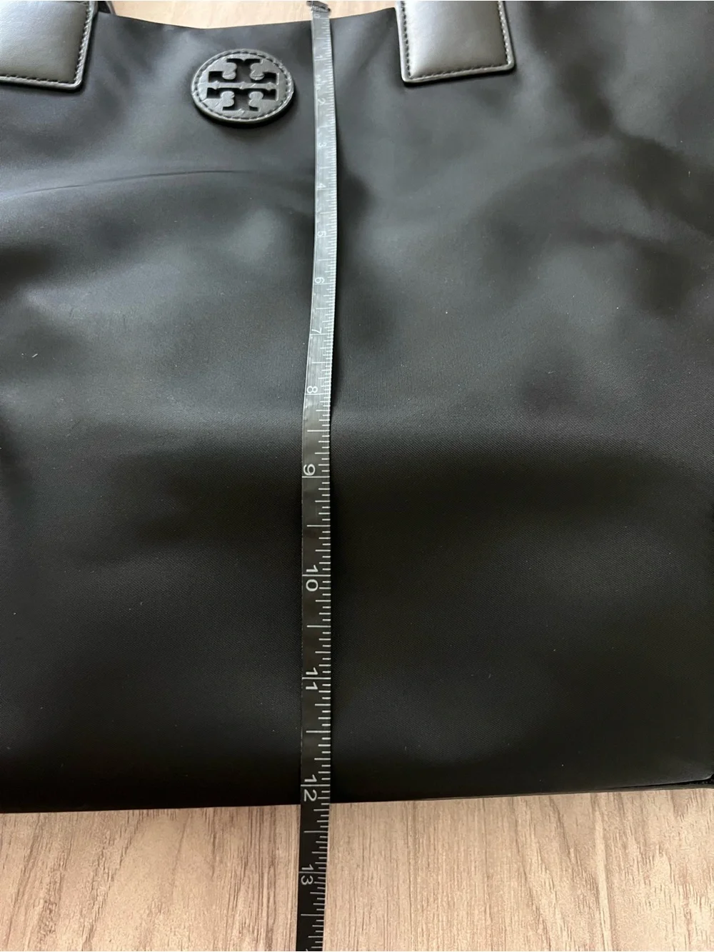 Tory Burch Black Nylon Ella Tote Bag Double T Logo Leather Trim Large Shopper